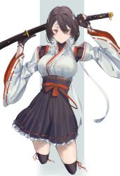 Rule 34 | 1girl, absurdres, black gloves, black thighhighs, blush, breasts, brown hair, closed mouth, cropped legs, detached sleeves, frilled skirt, frills, gloves, headband, highres, holding, holding sword, holding weapon, hyuuga (kancolle), hyuuga kai ni (kancolle), japanese clothes, kantai collection, katana, kazukingu, large breasts, long sleeves, nontraditional miko, partially fingerless gloves, ribbon-trimmed sleeves, ribbon trim, scabbard, sheath, sheathed, short hair, simple background, skirt, solo, sword, thighhighs, two-tone background, weapon, wide sleeves