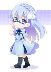 Rule 34 | 1girl, 22/7, black socks, blue eyes, blue hair, blue skirt, blush stickers, braid, chibi, full body, glasses, hair ornament, hand on own cheek, hand on own face, highres, kneehighs, long hair, looking at viewer, maruyama akane, mocchii, penny loafers, shoes, short sleeves, simple background, skirt, socks, solo, standing, uniform