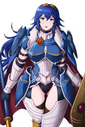 Rule 34 | 1girl, absurdres, armor, armored boots, black leotard, blue eyes, blue hair, boots, cape, cowboy shot, fire emblem, fire emblem (object), fire emblem awakening, fire emblem heroes, gluteal fold, great knight (fire emblem awakening), hair between eyes, highleg, highleg leotard, highres, holding, holding shield, holding weapon, leotard, long hair, looking at viewer, lucina (fate&#039;s resolve) (fire emblem), lucina (fire emblem), nintendo, official alternate costume, rakusai (saisai garou), shield, shoulder armor, simple background, smile, solo, thighhighs, thighs, tiara, weapon, white background