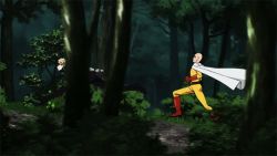 Rule 34 | 2boys, animated, animated gif, bald, blonde hair, boots, cape, cyborg, forest, genos, gloves, multiple boys, nature, one-punch man, running, saitama (one-punch man), short hair