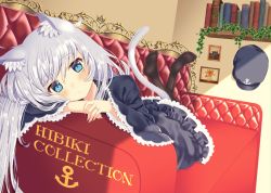 Rule 34 | 10s, 1girl, anchor symbol, animal ears, black thighhighs, blue eyes, blush, book, bookshelf, cat ears, cat tail, character name, couch, english text, eyebrows, feet, flat cap, hat, hibiki (kancolle), indoors, kantai collection, long hair, looking at viewer, lying, on stomach, silver hair, soles, solo, tail, text focus, thighhighs, toujou mina
