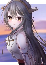 Rule 34 | 1girl, bare shoulders, blurry, blurry background, blush, breasts, closed mouth, cloud, detached sleeves, grey hair, hair between eyes, hair ornament, hairclip, haruna (kancolle), headgear, highres, japanese clothes, kantai collection, long hair, looking at viewer, medium breasts, nontraditional miko, orange eyes, outdoors, sky, solo, twitter username, upper body, vest, yoshino (mfmfpng)