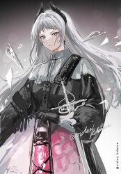 Rule 34 | 1girl, arknights, artist name, black gloves, black jacket, brown background, closed mouth, cowboy shot, earrings, gloves, gradient background, grey background, grey eyes, grey hair, head wings, highres, holding, holding lantern, irene (arknights), jacket, jewelry, lantern, long sleeves, looking at viewer, puffy long sleeves, puffy sleeves, purple skirt, scar, scar across eye, scar on face, shatter, sheath, sheathed, signature, skirt, solo, sword, v-shaped eyebrows, vidoakdame, weapon, wings