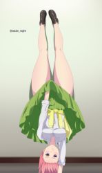 Rule 34 | 1girl, arm support, asobi night, black footwear, blue eyes, blush, breasts, clothes around waist, collarbone, covering privates, covering crotch, go-toubun no hanayome, green skirt, handstand, highres, long sleeves, looking at viewer, lycoris challenge (meme), lycoris recoil, medium breasts, meme, nakano ichika, one arm handstand, parody, pink hair, pout, scene reference, school uniform, shirt, short hair, skirt, solo, sweater, sweater around waist, thick thighs, thighs, twitter username, upside-down, white shirt, yellow sweater