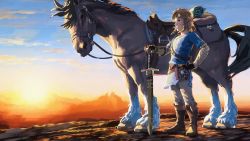 Rule 34 | 1boy, belt, blonde hair, blue eyes, blue shirt, blue sky, boots, brown footwear, brown gloves, cloud, commentary, day, earrings, fingerless gloves, full body, gloves, hand on own hip, highres, horse, jewelry, link, looking away, male focus, nintendo, official art, outdoors, pants, planted, planted sword, planted weapon, pointy ears, sheath, sheathed, shirt, short hair, sidelocks, sky, standing, sunset, sword, the legend of zelda, the legend of zelda: breath of the wild, weapon