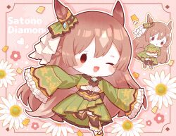 Rule 34 | 1girl, animal ears, black thighhighs, blush, brown hair, character name, chibi, confetti, dress, ear ornament, flower, frills, heart, highres, horse ears, horse girl, horse tail, long hair, long sleeves, multiple views, nada namie, one eye closed, open mouth, parted lips, satono diamond (umamusume), simple background, sleeves past fingers, sleeves past wrists, tail, thighhighs, umamusume, very long hair, white flower, wide sleeves