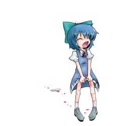Rule 34 | 1girl, blood, blue hair, child, cirno, closed eyes, fang, female focus, highres, menstruation, open mouth, panties, sasa1020, short hair, solo, tears, touhou, underwear, white background, white panties
