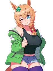 Rule 34 | 1girl, animal ears, black tank top, blue eyes, blush, braid, braided ponytail, breasts, cleavage, closed mouth, denim, denim shorts, green jacket, hair ornament, highres, horse ears, horse girl, horse tail, jacket, large breasts, long sleeves, looking at viewer, low ponytail, off shoulder, one eye closed, onsoku inu, open clothes, open jacket, orange eyes, purple thighhighs, short shorts, shorts, simple background, smile, solo, star (symbol), star hair ornament, taiki shuttle (umamusume), tail, tank top, thighhighs, thumbs up, umamusume, white background