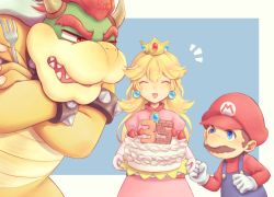 Rule 34 | 1boy, 1girl, 1other, agisato, angry, anniversary, annoyed, blonde hair, blue eyes, bowser, brown hair, cake, claws, crown, dress, facial hair, fangs, food, fork, friends, gloves, grin, hat, long hair, mario, mario (series), mustache, nintendo, overalls, pink dress, princess peach, red eyes, red hair, smile, super mario bros. 1