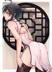 Rule 34 | 1boy, absurdres, ahoge, akumana, arm tattoo, artist name, ass, back, black hair, blush, china dress, chinese clothes, clothes, crossdressing, dress, genshin impact, green hair, highres, looking at viewer, looking back, multicolored hair, signature, tattoo, thighhighs, thighhighs pull, thighs, twitter username, two-tone hair, xiao (genshin impact), yellow eyes