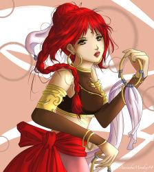 Rule 34 | 1girl, braid, brown eyes, dancer, detached sleeves, facial mark, fire emblem, fire emblem: the sacred stones, forehead mark, harem outfit, jewelry, long hair, lots of jewelry, midriff, nintendo, red hair, single braid, solo, tethys (fire emblem)