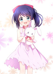 Rule 34 | 1girl, :d, accel world, bare arms, bare shoulders, blue eyes, blush, bow, commentary request, commission, dress, floral background, hair bow, itosu mana, long hair, looking at viewer, hugging object, open mouth, pink dress, pixiv commission, ponytail, purple hair, red bow, sleeveless, sleeveless dress, smile, solo, stuffed animal, stuffed rabbit, stuffed toy, sui. (ayase), white background