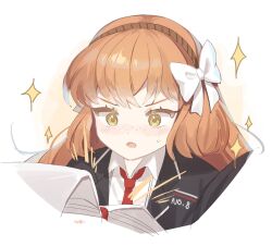Rule 34 | 1girl, black coat, blush, book, bow, brown hairband, coat, collared shirt, freckles, hair bow, hairband, highres, ishmael (project moon), limbus company, long hair, love mintchoco, necktie, orange hair, parted lips, project moon, red necktie, shirt, simple background, solo, sparkle, sweat, upper body, very long hair, white background, white bow, wing collar