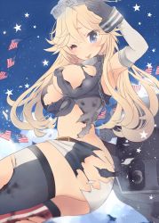 Rule 34 | 10s, 1girl, ;), ;p, american flag, armpits, ass, asymmetrical legwear, blonde hair, blue eyes, breasts, detached sleeves, headgear, iowa (kancolle), kantai collection, large breasts, long hair, looking at viewer, machinery, mismatched legwear, navel, oluha, one eye closed, smile, solo, star-shaped pupils, star (symbol), starry background, symbol-shaped pupils, tongue, tongue out, torn clothes, turret