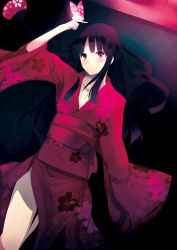 Rule 34 | 1girl, black hair, blush, daiaru, female focus, japanese clothes, kimono, long hair, lying, on back, original, red eyes, smile, solo, traditional clothes