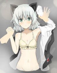 Rule 34 | 1girl, absurdres, animal ears, blush, bra, breasts, cat ears, collarbone, green eyes, highres, holding hands, looking at viewer, lying, military, military uniform, navel, on back, parted lips, sanya v. litvyak, shiny skin, short hair, silver hair, small breasts, strike witches, turkeysand (fernandear 504), underwear, uniform, upper body, world witches series, yellow bra