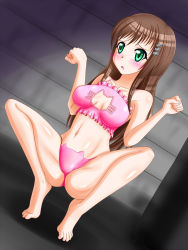 Rule 34 | 1girl, barefoot, bikini, blush, breasts, brown hair, cleavage cutout, clenched hands, clothing cutout, dutch angle, feet, frills, green eyes, hair ornament, hairclip, highres, long hair, navel, paw pose, pink bikini, solo, squatting, swimsuit