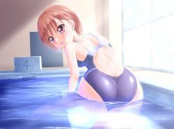 Rule 34 | 1girl, ass, brown hair, caustics, competition swimsuit, feet, from behind, indoors, looking back, one-piece swimsuit, original, partially submerged, pool, red eyes, short hair, solo, submerged, swimsuit, takuya kame, wading, window
