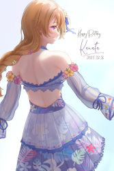 Rule 34 | 1girl, alternate hairstyle, artist name, artist request, back, back focus, bare shoulders, blue choker, blue ribbon, blush, braid, braided ponytail, breasts, brown hair, choker, collarbone, elbow sleeves, female focus, floating hair, flower, flower print, frills, from behind, hair between eyes, hair flower, hair ornament, hair ribbon, highres, konoe kanata, leaf print, long hair, looking at viewer, looking back, love live!, love live! nijigasaki high school idol club, love live! school idol festival, love live! school idol festival all stars, low-braided long hair, low-tied long hair, outstretched arms, parted lips, plaid, puffy sleeves, purple eyes, ribbon, see-through, see-through sleeves, single braid, smile, solo, spread arms, sunlight, teeth, tropical vacation (love live!), white background, yellow flower