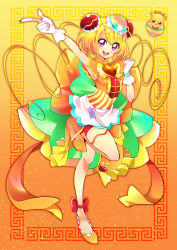 Rule 34 | 1girl, absurdres, ankle bow, ankle ribbon, apron, arm up, back bow, bike shorts, blonde hair, bow, bowl, brooch, bun cover, china dress, chinese clothes, cure yum-yum, delicious party precure, dragon, dragon wings, dress, earrings, full body, girl and dragon, gloves, gradient background, hair between eyes, hanamichi ran, heart, heart brooch, highres, huge bow, jewelry, leg ribbon, long hair, magical girl, mem-mem (precure), mitsuki tayura, orange background, orange dress, orange footwear, orange shorts, precure, purple eyes, red hair, ribbon, short hair with long locks, shorts, sleeveless, sleeveless dress, standing, standing on one leg, two-tone background, waist apron, white gloves, wings, yellow background