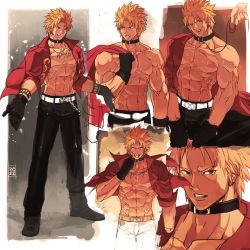 Rule 34 | 1boy, abs, bara, blonde hair, blood, collar, highres, jewelry, leash, looking at viewer, male focus, muscular, nikism, pectorals, piercing, pov, shen woo, smirk, tagme, the king of fighters, undressing