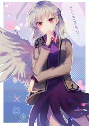 Rule 34 | 1girl, angel wings, arm under breasts, beige jacket, border, bow, bowtie, braid, breasts, brooch, closed mouth, collared dress, commentary request, cowboy shot, dress, dutch angle, feathered wings, french braid, hand on own chin, hand up, highres, jacket, jewelry, kishin sagume, light blush, light frown, long sleeves, looking at viewer, medium breasts, medium hair, moyashi (oekaki touhou), open clothes, open jacket, outside border, purple background, purple dress, red bow, red bowtie, red eyes, silver hair, simple background, single wing, solo, touhou, white border, wing collar, wings