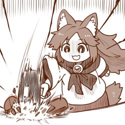 Rule 34 | 1girl, :3, :d, @ @, aged down, animal ear fluff, animal ears, breaking, bright pupils, hammer, holding, holding hammer, imaizumi kagerou, long hair, long sleeves, open mouth, parted bangs, poronegi, scarf, skirt, smile, solo, touhou, wide sleeves, wolf ears