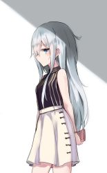 Rule 34 | 1girl, alternate costume, black shirt, blouse, blue eyes, bracelet, breasts, contemporary, contrapposto, cowboy shot, from side, hair between eyes, hibiki (kancolle), highres, jewelry, kantai collection, kure (kure ng), long hair, profile, shirt, silver hair, simple background, skirt, sleeveless, sleeveless shirt, small breasts, solo, standing, wallet