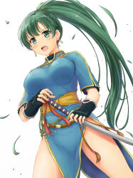 Rule 34 | 1girl, blue dress, breasts, cowboy shot, dress, earrings, fingerless gloves, fire emblem, gloves, green eyes, green hair, highres, inanaki shiki, jewelry, katana, leaf, long hair, looking at viewer, lyn (fire emblem), medium breasts, nintendo, open mouth, pelvic curtain, ponytail, simple background, solo, sword, thighs, weapon, white background