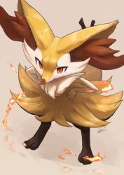 1girl animal_ear_fluff animal_ears animal_hands animal_nose artist_name beige_background black_fur blush body_fur braixen closed_mouth creatures_(company) dutch_angle fang female_focus fire fox_ears fox_girl fox_tail full_body furry furry_female game_freak gen_6_pokemon hands_on_own_hips highres ikei jpeg_artifacts leaning_forward light_blush looking_at_viewer nintendo pokemon pokemon_(creature) red_eyes signature simple_background skin_fang snout solo standing stick tail white_fur yellow_fur