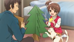 Rule 34 | 10s, 1boy, 1girl, bed, brother and sister, brown eyes, brown hair, calico, cat, game cg, highres, holding, kyon, kyon no imouto, official art, pillow, ponytail, school uniform, scissors, scrunchie, shamisen (suzumiya haruhi), siblings, side ponytail, sitting, socks, suzumiya haruhi no shoushitsu, suzumiya haruhi no tsuisou, suzumiya haruhi no yuuutsu, wariza