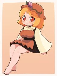 Rule 34 | 1girl, aki minoriko, apron, barefoot, black dress, blonde hair, blush, breasts, closed mouth, commentary request, dress, food, fruit, full body, grapes, hat, highres, invisible chair, large breasts, long sleeves, looking at viewer, medium bangs, mob cap, orange apron, orange background, orange eyes, orange headwear, pinafore dress, shirt, short hair, simple background, sitting, skirt, sleeveless, sleeveless dress, smile, solo, sweat, thick eyebrows, touhou, ugif, wide sleeves, yellow shirt