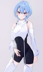 Rule 34 | 1girl, absurdres, aya02ka, bare shoulders, black bodysuit, blue hair, blue nails, bodysuit, covered navel, detached sleeves, earrings, garter straps, grey background, hair between eyes, highres, hololive, hoshimachi suisei, jewelry, looking at viewer, meme attire, nail polish, official alternate hair length, official alternate hairstyle, short hair, simple background, smile, solo, star (symbol), star in eye, symbol in eye, thighhighs, virgin destroyer sweater, virtual youtuber, wolf cut