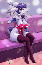 Rule 34 | 1girl, black thighhighs, breasts, cleavage, female focus, furry, furry female, leotard, melonleaf, open mouth, playboy bunny, purple hair, rabbit, red eyes, short hair, sitting, solo, thighhighs