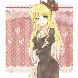 Rule 34 | 1girl, ark kan, black dress, black hairband, black headwear, blonde hair, blue eyes, border, breasts, closed mouth, commentary request, cowboy shot, cross, cross necklace, crossed arms, dress, frilled hat, frills, habit, hairband, hat, heart, jewelry, lace background, long hair, looking at viewer, necklace, outside border, petticoat, pink background, polka dot, polka dot background, priest (ragnarok online), ragnarok online, small breasts, smile, solo, top hat, white border