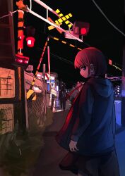 Rule 34 | 1girl, 2boys, black skirt, blue eyes, blue jacket, brown hair, closed mouth, commentary request, doroni max, from behind, girls band cry, highres, hood, hood down, hooded jacket, iseri nina, jacket, long sleeves, looking at viewer, looking back, low twintails, multiple boys, night, outdoors, railroad crossing, short hair, short twintails, skirt, twintails