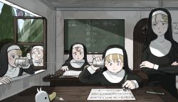Rule 34 | 1boy, 5girls, anger vein, bird, blonde hair, blue eyes, brown eyes, brown hair, can, caught, ceiling, chalk, chalkboard, cheating (competitive), clumsy nun (diva), commentary, crossed arms, diva (hyxpk), duck, english commentary, examination, father (diva), flower, frog, froggy nun (diva), glass, glasses, glasses nun (diva), habit, hair flower, hair ornament, hairclip, hand on window, heart, heart-shaped eyewear, highres, holding, holding can, little nuns (diva), looking to the side, math, medical examination, mole, mole under eye, mouth hold, multiple girls, nun, open hands, open mouth, open window, original, paper, peeking, pencil, pigeon, poop, poster (object), priest, silk, sitting, sky, smile, spicy nun (diva), spider web, strict nun (diva), string, string phone, sunglasses, table, talking on phone, academic test, tinted eyewear, traditional nun, tree, triangle mouth, window, wooden door, wooden table, writing, yellow eyes