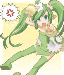 Rule 34 | 1girl, ahoge, anger vein, arm up, bare shoulders, blue eyes, boots, commentary request, crossed bandaids, dress, eyebrows hidden by hair, green dress, green footwear, green hair, green thighhighs, hand on own head, long hair, looking at viewer, mawaru (mawaru), open mouth, original, sitting, solo, spoken anger vein, strapless, strapless dress, swept bangs, tears, teeth, thigh boots, thighhighs, twintails, upper teeth only, v-shaped eyebrows, very long hair
