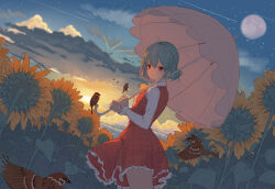 Rule 34 | 1girl, absurdres, ascot, bird, closed mouth, commentary request, cowboy shot, dress, field, flower, flower field, frilled skirt, frills, from side, gradient sky, green hair, highres, holding, holding umbrella, kazami yuuka, kulomi, long sleeves, looking at viewer, moon, outdoors, parasol, plaid, plaid dress, red dress, red eyes, shirt, shooting star, short hair, skirt, sky, smile, solo, sparrow, star (sky), starry sky, sunflower, sunflower field, sunset, touhou, touhou lost branch of legend, umbrella, white shirt, yellow ascot