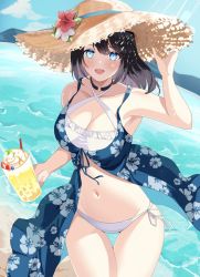 Rule 34 | 1girl, absurdres, bikini, blue eyes, blush, breasts, choker, cleavage, floral print, flower, food, frilled bikini, frills, halterneck, hat, highres, ice cream, ice cream float, large breasts, long hair, looking at viewer, navel, o-ring, o-ring choker, ocean, open mouth, original, rererere mon, smile, solo, swimsuit, thigh gap, white bikini