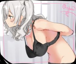 Rule 34 | 10s, 1girl, arms behind back, black bra, black panties, bra, breasts, cleavage, closed mouth, fitting room, hanging breasts, isshiki (ffmania7), kantai collection, kashima (kancolle), large breasts, leaning forward, looking to the side, panties, peeking, silver hair, sketch, solo, twintails, twitter username, underwear, underwear only, upper body, voyeurism