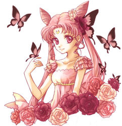Rule 34 | 1990s (style), 1girl, aged up, bishoujo senshi sailor moon, bug, butterfly, chibi usa, child, cone hair bun, crescent, crescent facial mark, double bun, earrings, facial mark, flower, forehead mark, frills, hair bun, hanarain, insect, jewelry, long hair, moon, pink flower, pink hair, pink rose, pink theme, princess, red eyes, red flower, red rose, retro artstyle, rose, sarashina kau, simple background, small lady serenity, smile, solo, twintails, white background