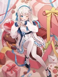 Rule 34 | 1girl, beret, blue eyes, blush, chocolate, commentary request, earrings, flower, full body, gift, grey hair, hair ornament, hat, heart, heart hands, highres, indie virtual youtuber, jacket, jewelry, letter, looking at viewer, medium hair, mole, mole under eye, nagino mashiro, official art, one eye closed, single earring, soda dokka ikou, virtual youtuber