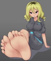 Rule 34 | 1girl, arm support, barefoot, blonde hair, blue lips, breasts, creatures (company), delinquent (pokemon), feet, foot focus, game freak, grey eyes, hood, hoodie, jacket, large breasts, lipstick, long hair, looking at viewer, makeup, nintendo, npc trainer, pants, pokemon, pokemon oras, pov, sitting, soles, toes, track jacket, track pants, yoi naosuke