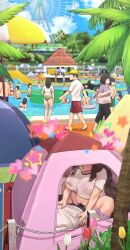 Rule 34 | absurdres, bottomless, breasts, cowgirl position, highres, large breasts, mature female, pool, pubic hair, public indecency, ryokucha michi, sex, sky, straddling, tent, water