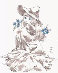 Rule 34 | 1girl, blue eyes, blue flower, bright pupils, cloak, flower, hat, highres, long hair, looking at viewer, monochrome, nib pen (medium), open mouth, original, painting (medium), pen (medium), signature, simple background, sitting, solo, spot color, traditional media, ushiyama ame, watercolor (medium), white background, white pupils, witch hat