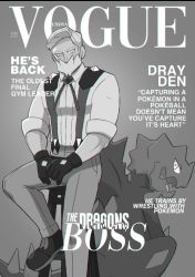 Rule 34 | 1boy, beard, character name, commentary request, cover, creatures (company), drayden (pokemon), druddigon, english text, facial hair, game freak, gen 5 pokemon, gloves, gregory alecsander, greyscale, looking at viewer, magazine cover, male focus, monochrome, nintendo, pants, pectorals, pokemon, pokemon (creature), pokemon bw, portuguese commentary, shirt, shoes, short hair, sitting, sleeves rolled up, stool, suspenders, vogue (magazine)