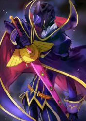 Rule 34 | 1boy, c (rahit), cape, code geass, contrapposto, cowboy shot, gloves, helmet, holding, holding sword, holding weapon, jacket, long sleeves, male focus, pants, purple cape, purple gloves, purple jacket, purple pants, solo, standing, sword, weapon, zero (code geass)