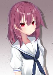 Rule 34 | 1girl, absurdres, blue neckerchief, closed mouth, commentary request, expressionless, firepo, gradient background, hair between eyes, highres, long hair, looking at viewer, miyanaga teru, neckerchief, puffy short sleeves, puffy sleeves, purple hair, red eyes, sailor collar, saki (manga), school uniform, shadow, shiraitodai school uniform, shirt, short sleeves, sidelocks, solo, upper body, white sailor collar, white shirt
