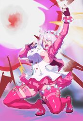 Rule 34 | 1girl, arqa, black gloves, boots, bracelet, breasts, collar, dress, elphelt valentine, fingerless gloves, frilled dress, frills, gloves, guilty gear, guilty gear strive, hairband, highres, holding, holding microphone, jacket, jewelry, large breasts, long sleeves, microphone, open mouth, pink dress, pink footwear, pink hairband, pink jacket, short hair, sideboob, spiked bracelet, spiked collar, spiked hairband, spikes, thigh boots, two-tone dress, white dress, white hair